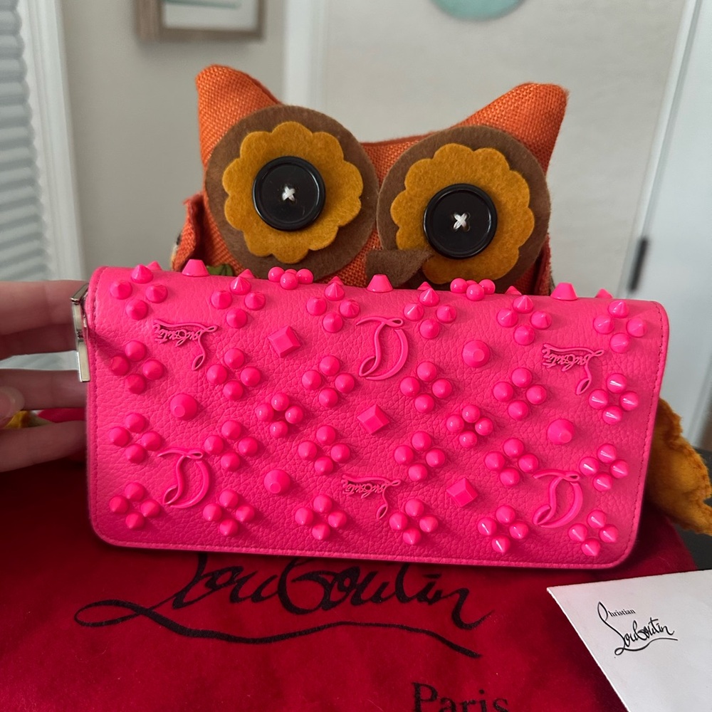 Christian Louboutin RARE COLOR Neon Pink Studded Wallet zip Card Holder - Picture 8 of 13